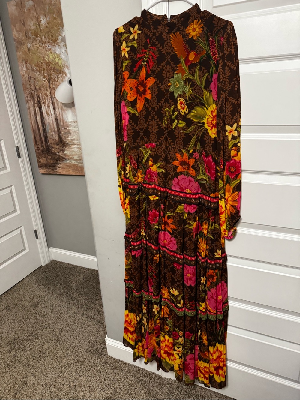 FARM Rio Brown Maxi Dress with Pink & Yellow Floral Print